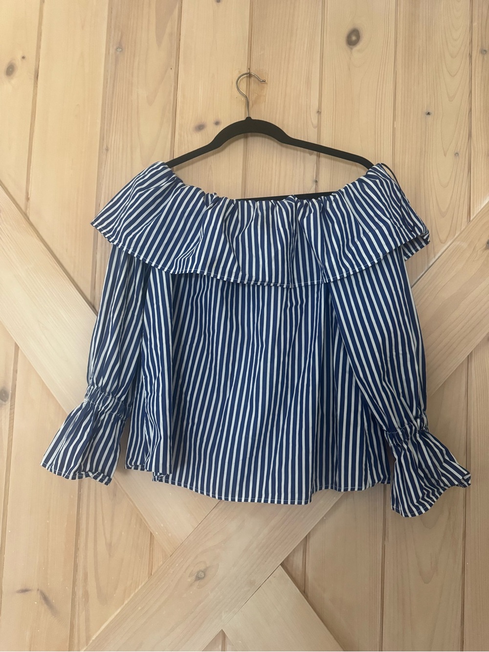 Vicolo Off Shoulder Cotton Striped Ruffle Blouse Stretchy Fit